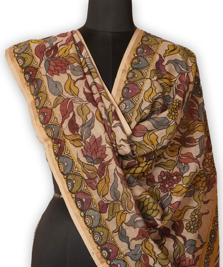 White hand painted natural dye chanderi cotton silk kalamkari dupatta