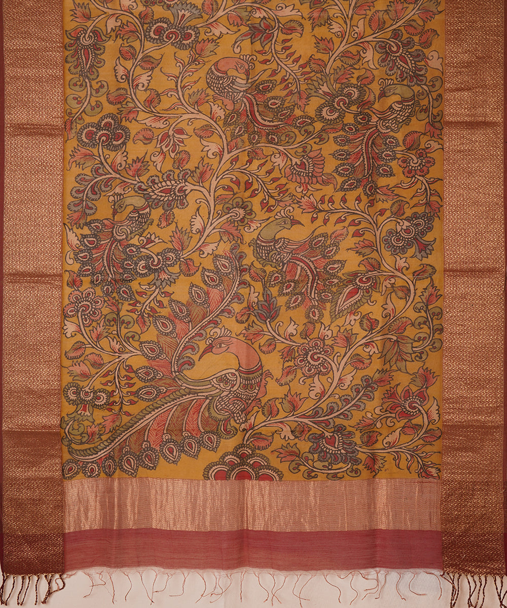 Yellow hand paint natural dye maheshwari cotton silk kalamkari dupatta