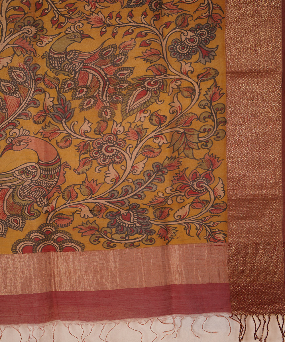 Yellow hand paint natural dye maheshwari cotton silk kalamkari dupatta