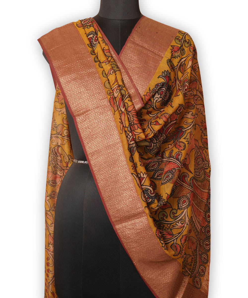 Yellow hand paint natural dye maheshwari cotton silk kalamkari dupatta