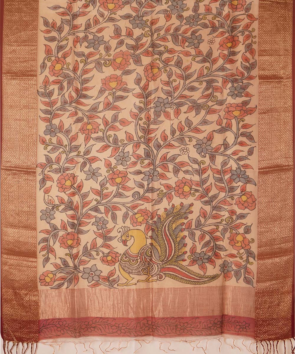 White handpainted natural dye maheshwari cotton silk kalamkari dupatta