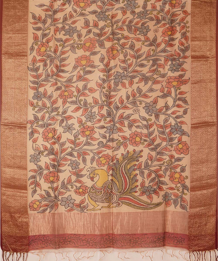 White handpainted natural dye maheshwari cotton silk kalamkari dupatta