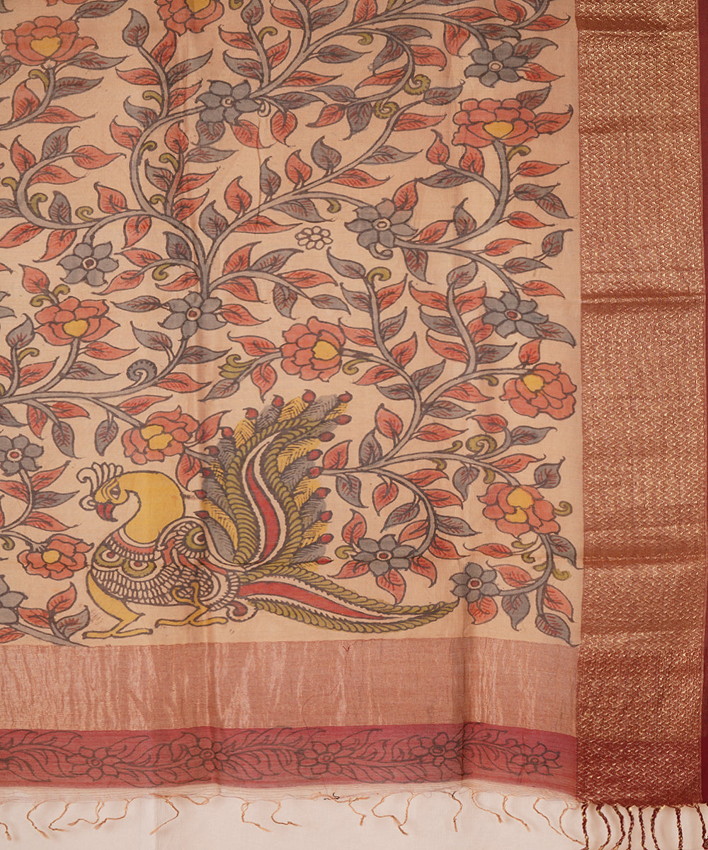 White handpainted natural dye maheshwari cotton silk kalamkari dupatta