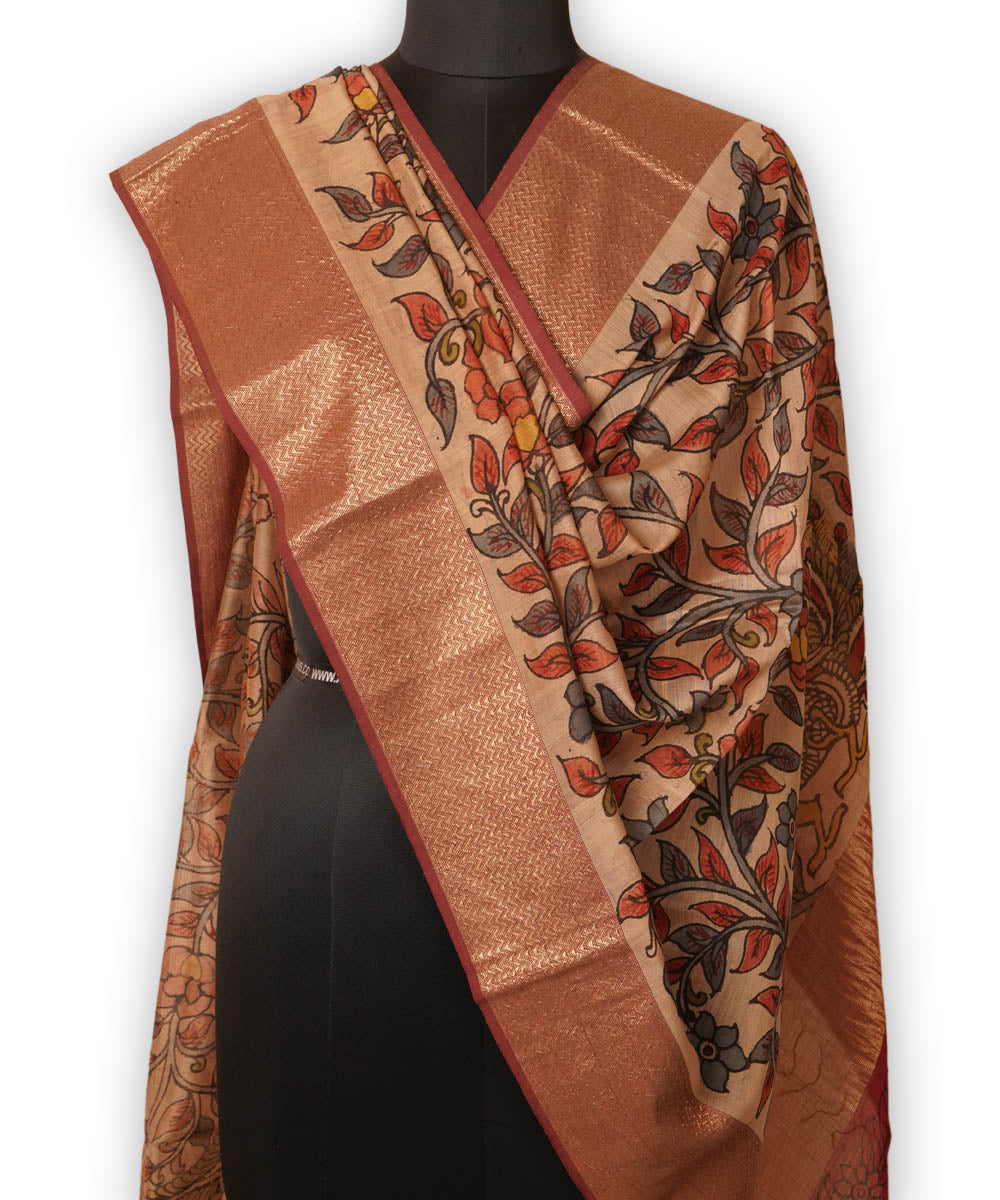 White handpainted natural dye maheshwari cotton silk kalamkari dupatta