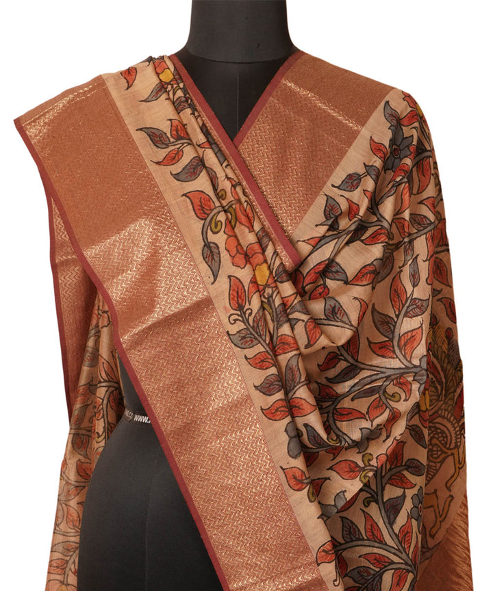White handpainted natural dye maheshwari cotton silk kalamkari dupatta