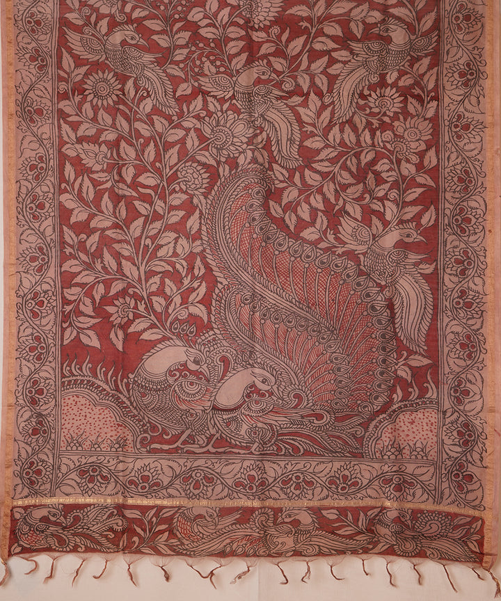 Maroon hand painted natural dye chanderi cotton silk kalamkari dupatta