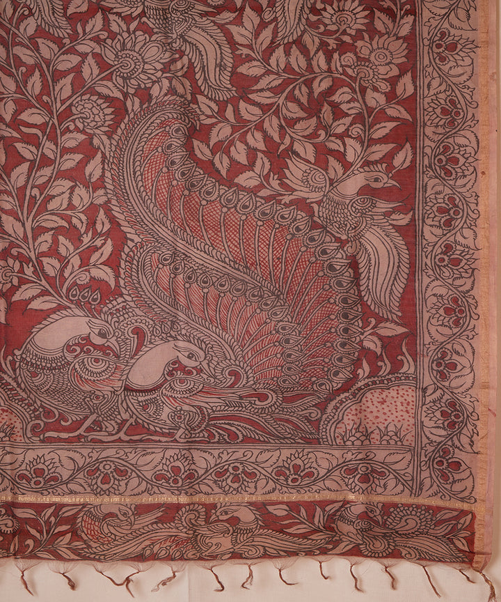 Maroon hand painted natural dye chanderi cotton silk kalamkari dupatta