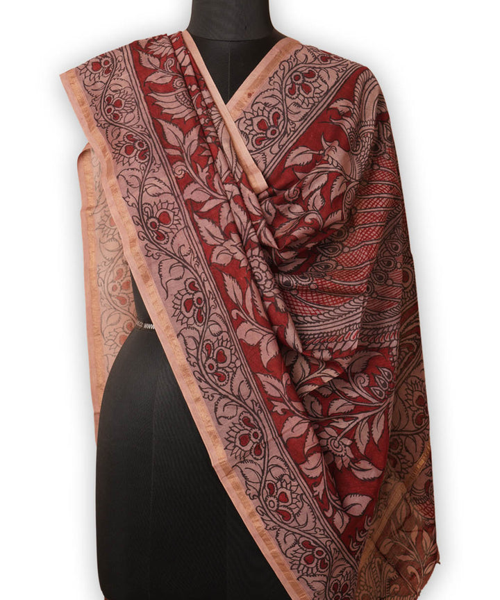 Maroon hand painted natural dye chanderi cotton silk kalamkari dupatta