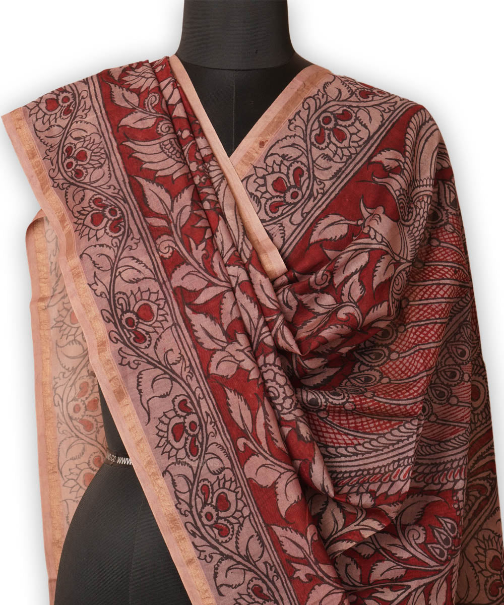 Maroon hand painted natural dye chanderi cotton silk kalamkari dupatta