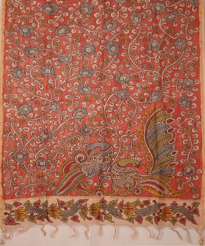 Red natural dye handpainted chanderi cotton silk kalamkari dupatta