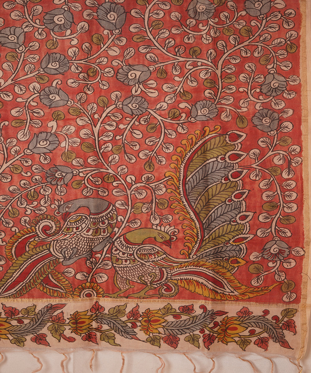 Red natural dye handpainted chanderi cotton silk kalamkari dupatta
