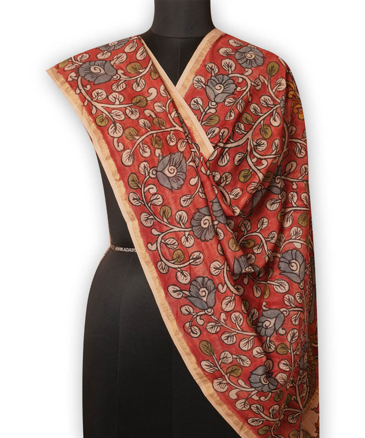 Red natural dye handpainted chanderi cotton silk kalamkari dupatta
