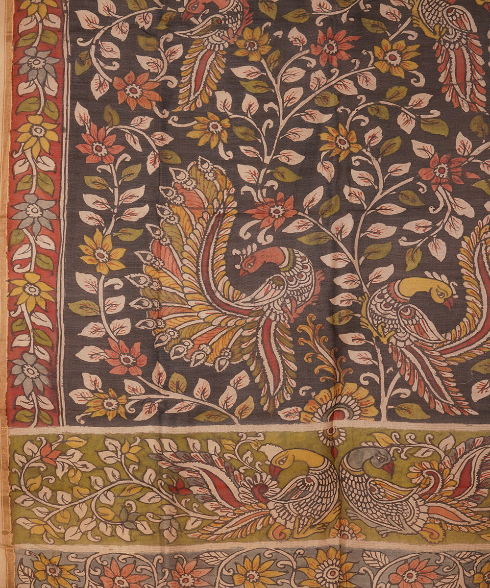 Black hand painted natural dye chanderi cotton silk kalamkari dupatta