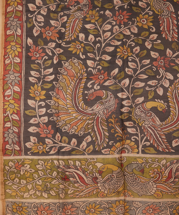 Black hand painted natural dye chanderi cotton silk kalamkari dupatta