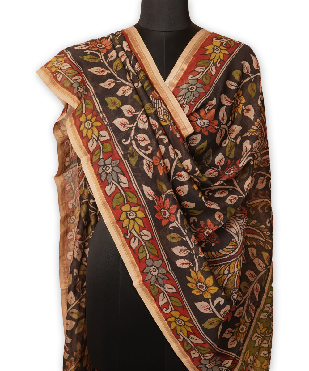 Black hand painted natural dye chanderi cotton silk kalamkari dupatta