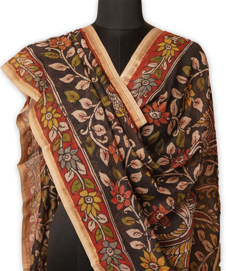 Black hand painted natural dye chanderi cotton silk kalamkari dupatta