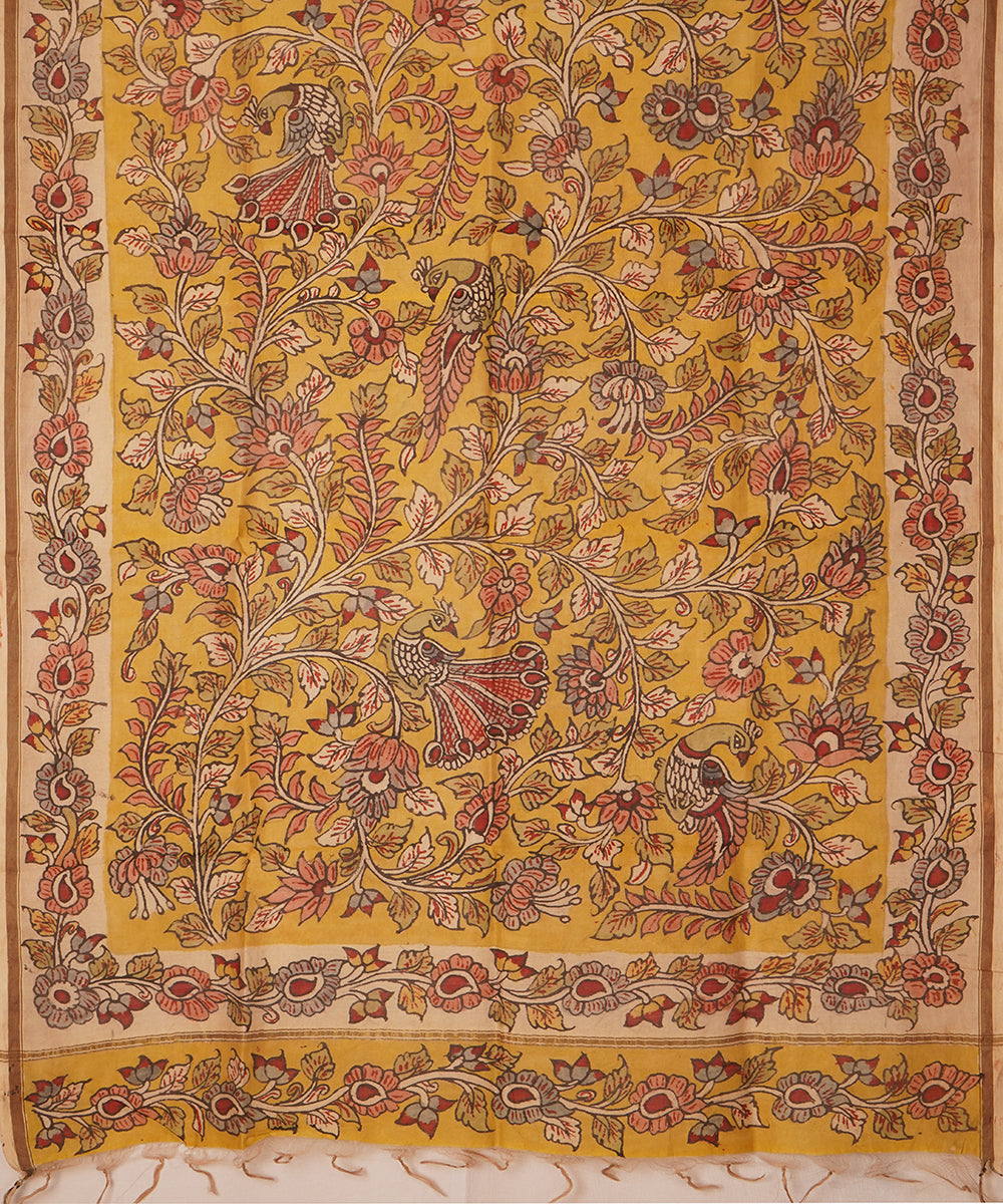 Yellow hand painted natural dye chanderi cotton silk kalamkari dupatta