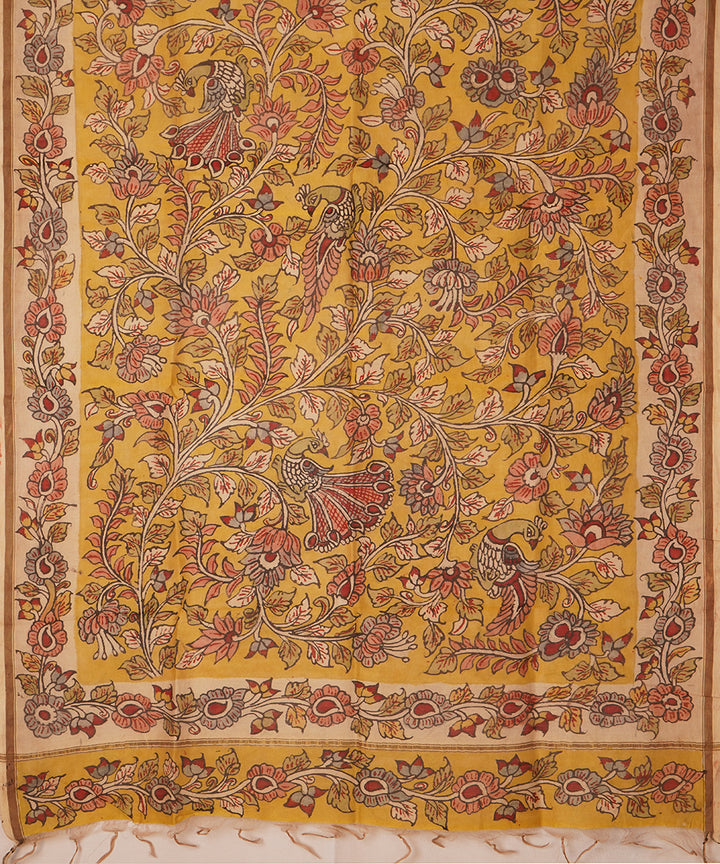 Yellow hand painted natural dye chanderi cotton silk kalamkari dupatta