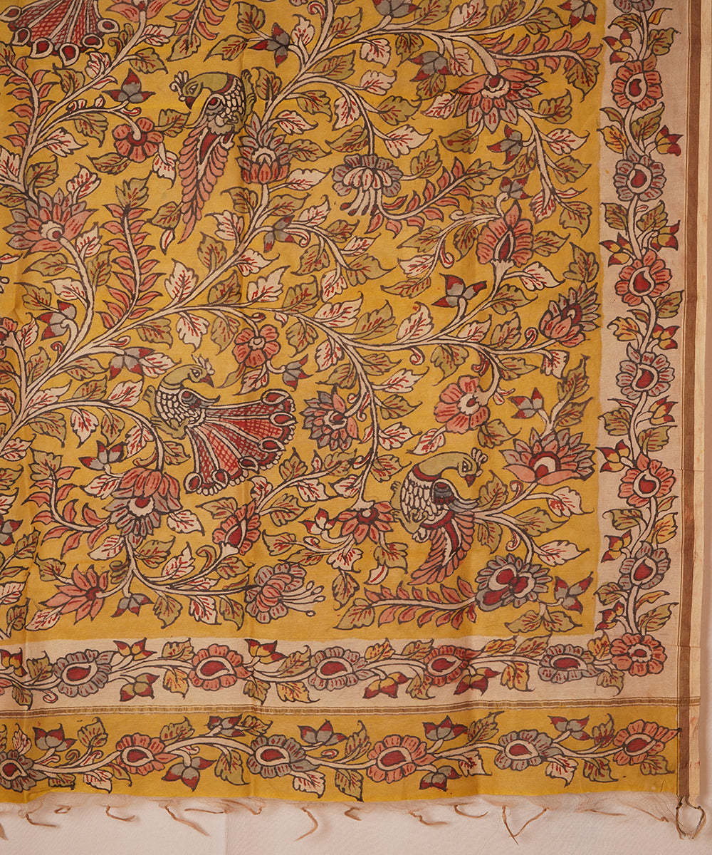 Yellow hand painted natural dye chanderi cotton silk kalamkari dupatta