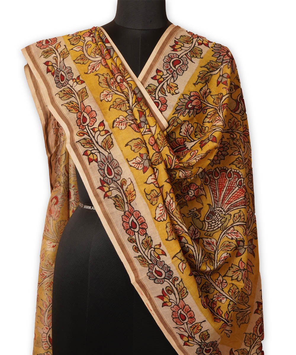 Yellow hand painted natural dye chanderi cotton silk kalamkari dupatta