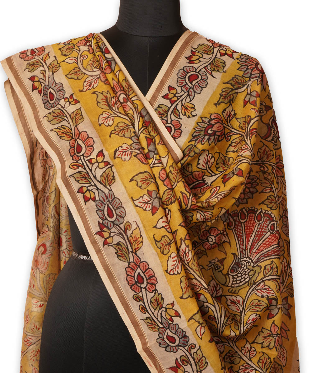 Yellow hand painted natural dye chanderi cotton silk kalamkari dupatta