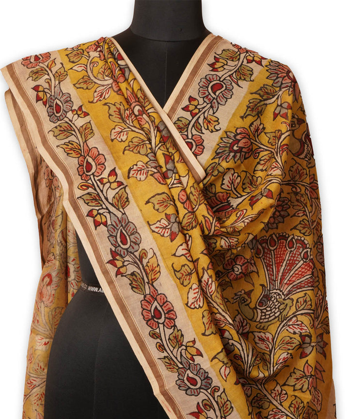 Yellow hand painted natural dye chanderi cotton silk kalamkari dupatta