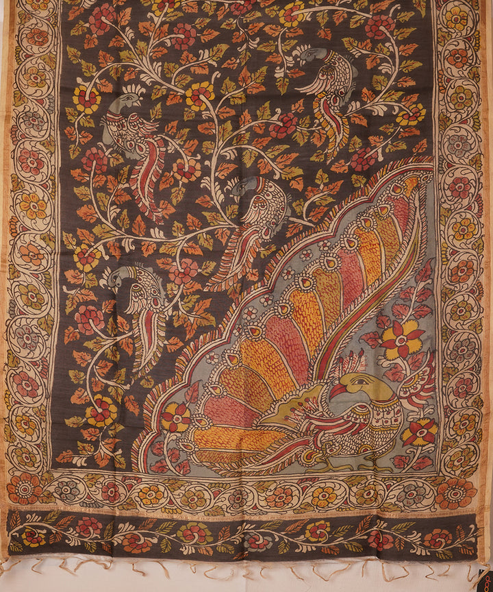Black natural dye hand painted chanderi cotton silk kalamkari dupatta