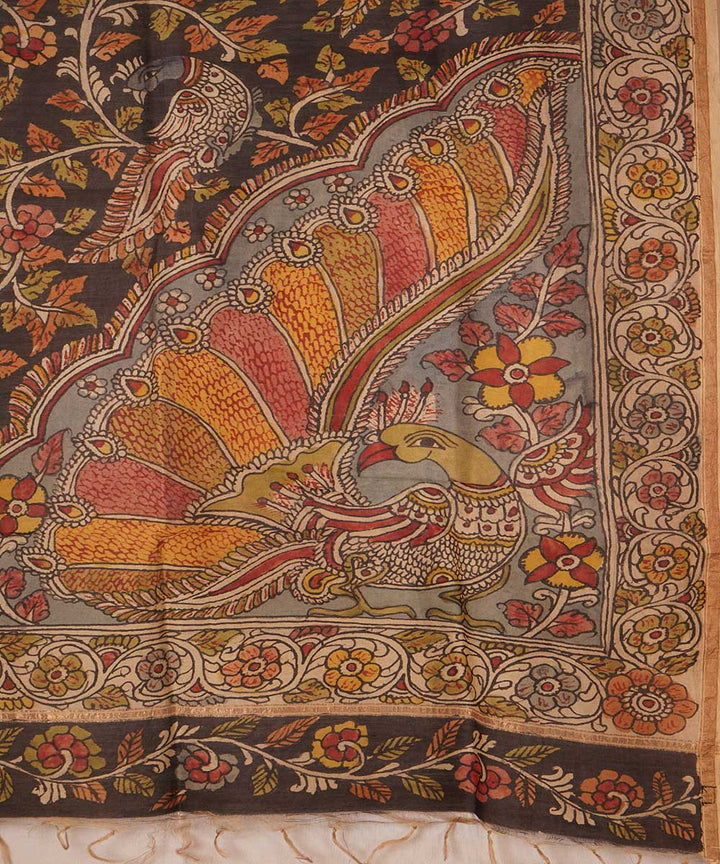 Black natural dye hand painted chanderi cotton silk kalamkari dupatta