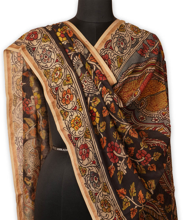 Black natural dye hand painted chanderi cotton silk kalamkari dupatta