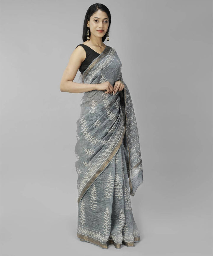 Light grey bagru handblock printed linen saree