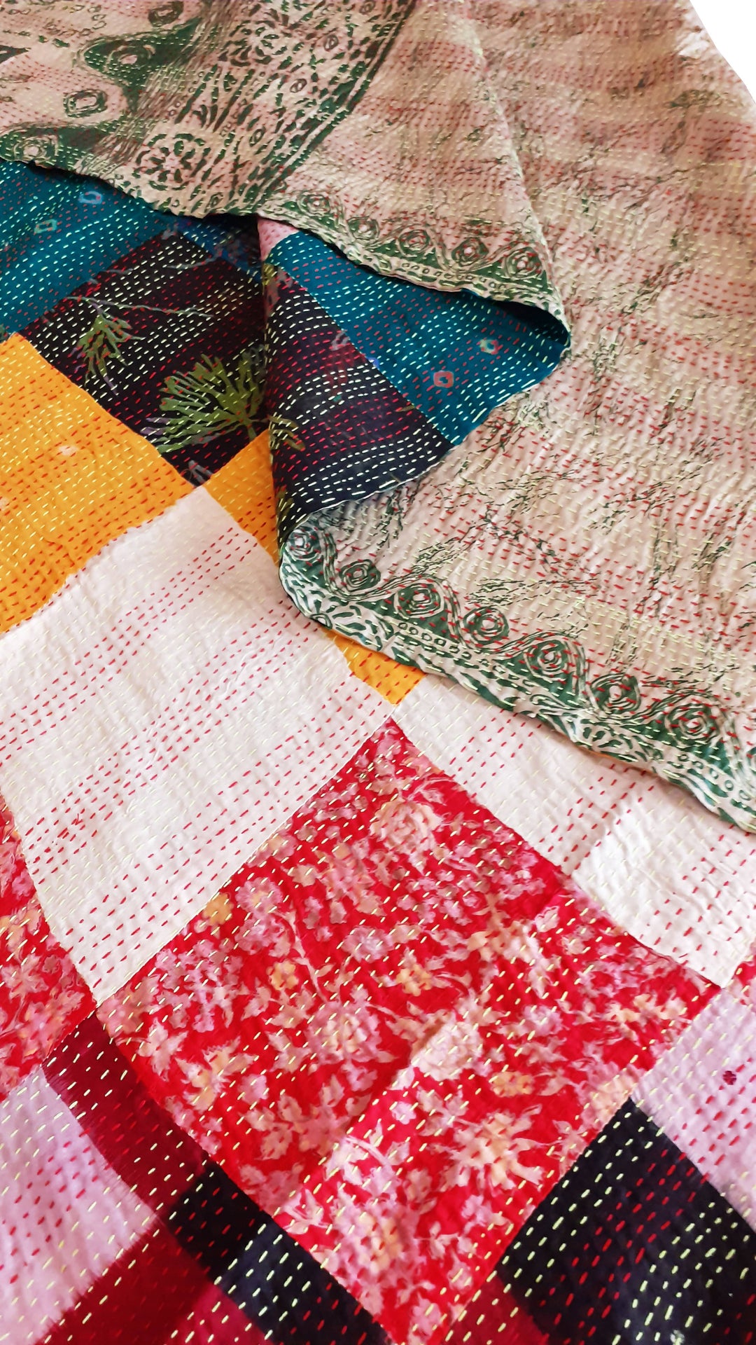 Multicolor Patchwork hand stitched reversible kantha silk shawl