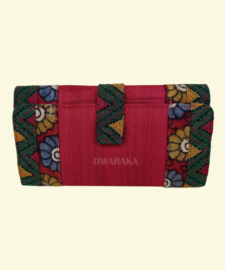 Red hand painted kalamkari and threadwork clutch