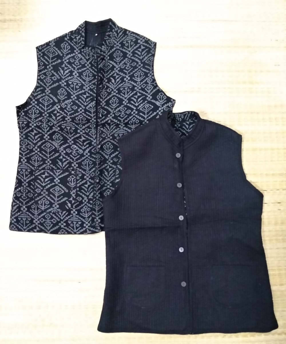 handblock printed reversible black quilted jacket