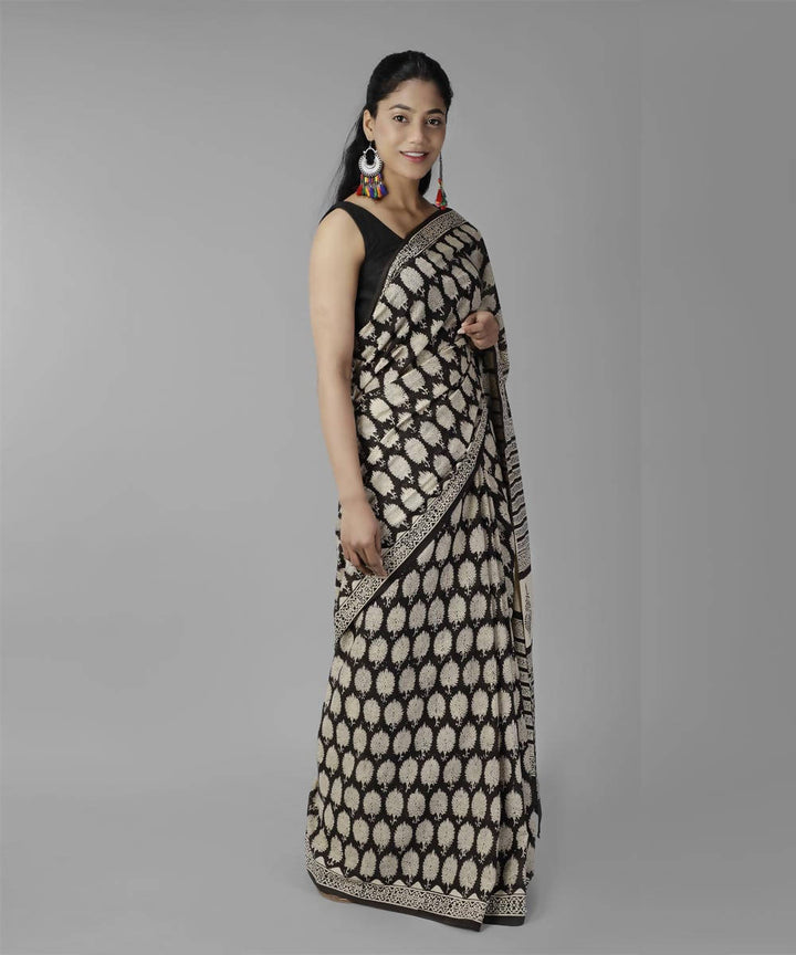 Black bagru handblock printed cotton saree