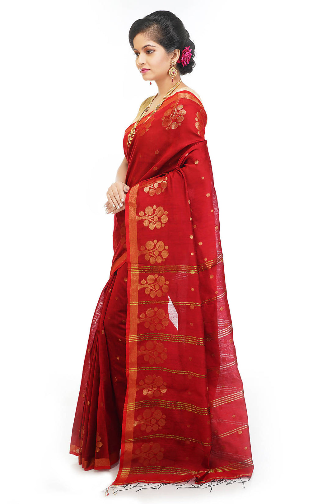 Red bengal handloom extrawefts work saree