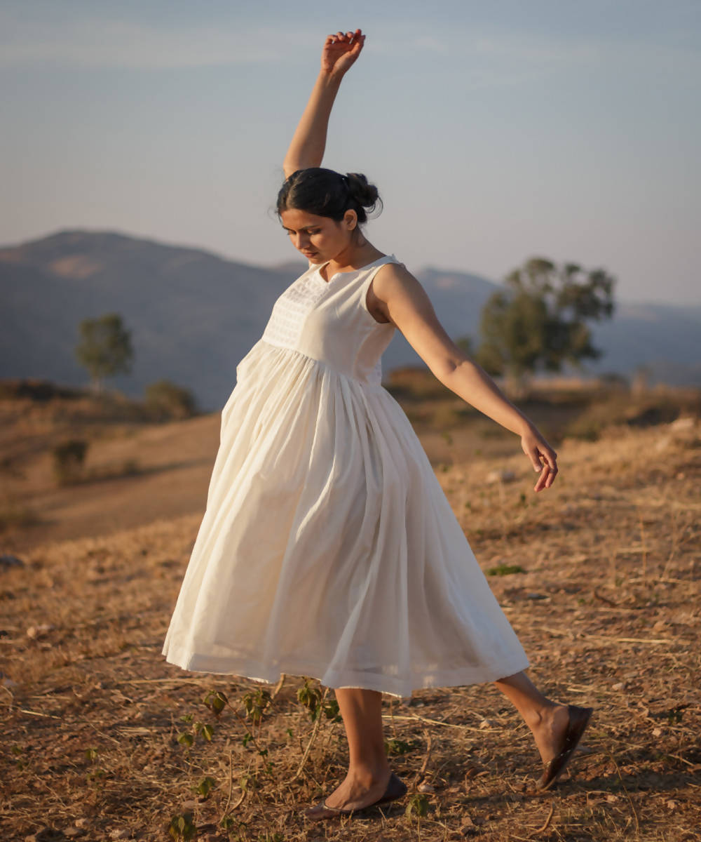 Cream white flaired cutwork kediya kora handcrafted cotton dress