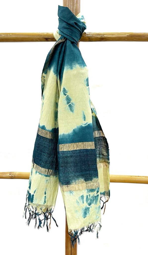 Green and lemon tussar silk handwoven tie and dye stole