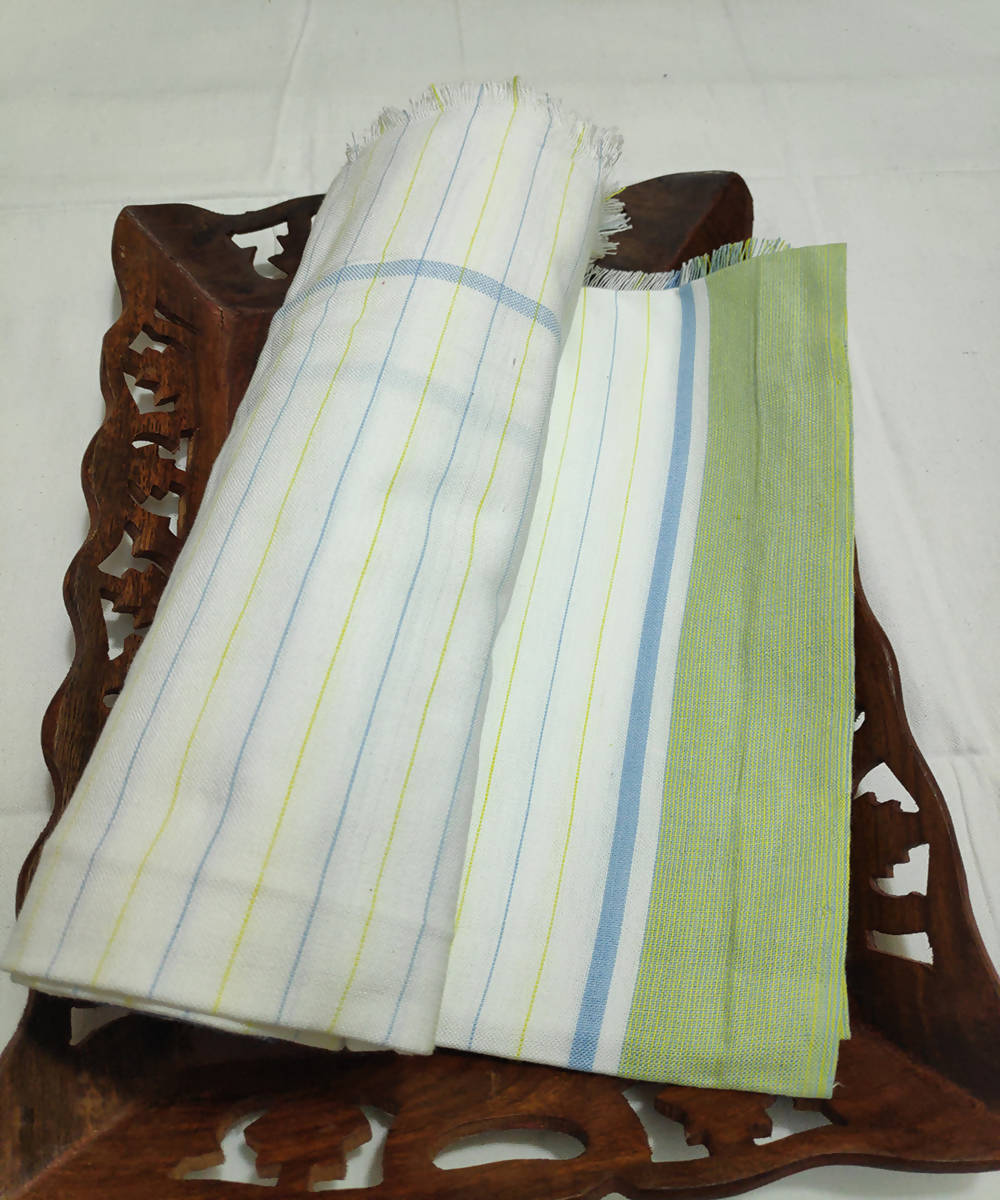 White and pear green stripes handwoven cotton towel