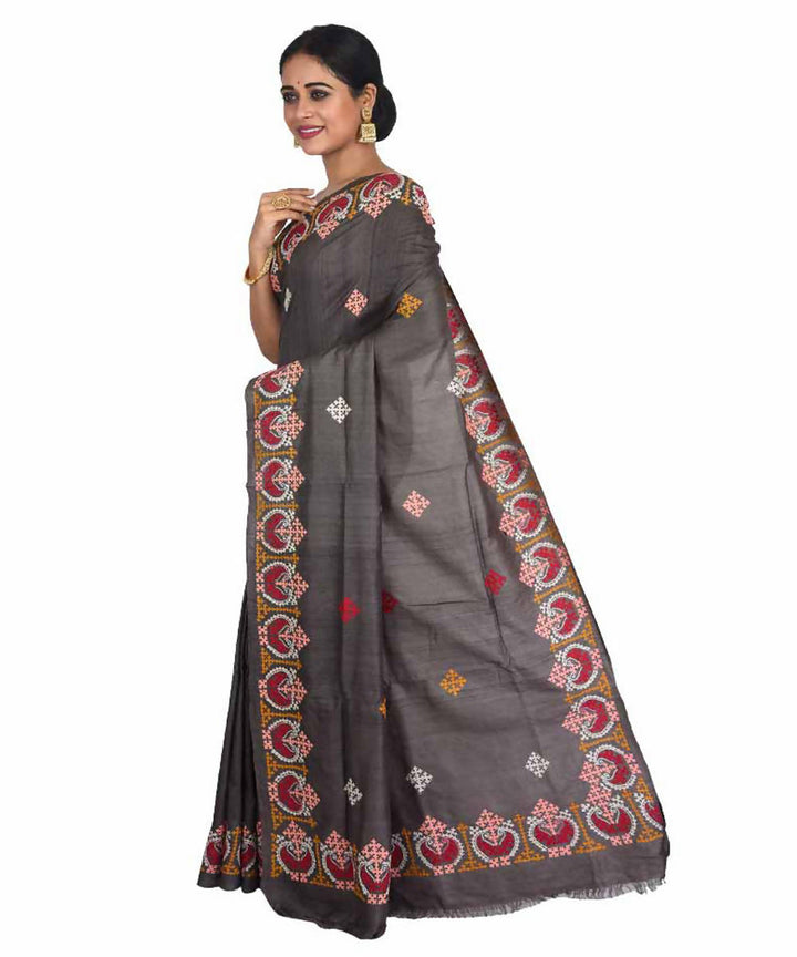 Black bengal hand embroidery tussar silk saree