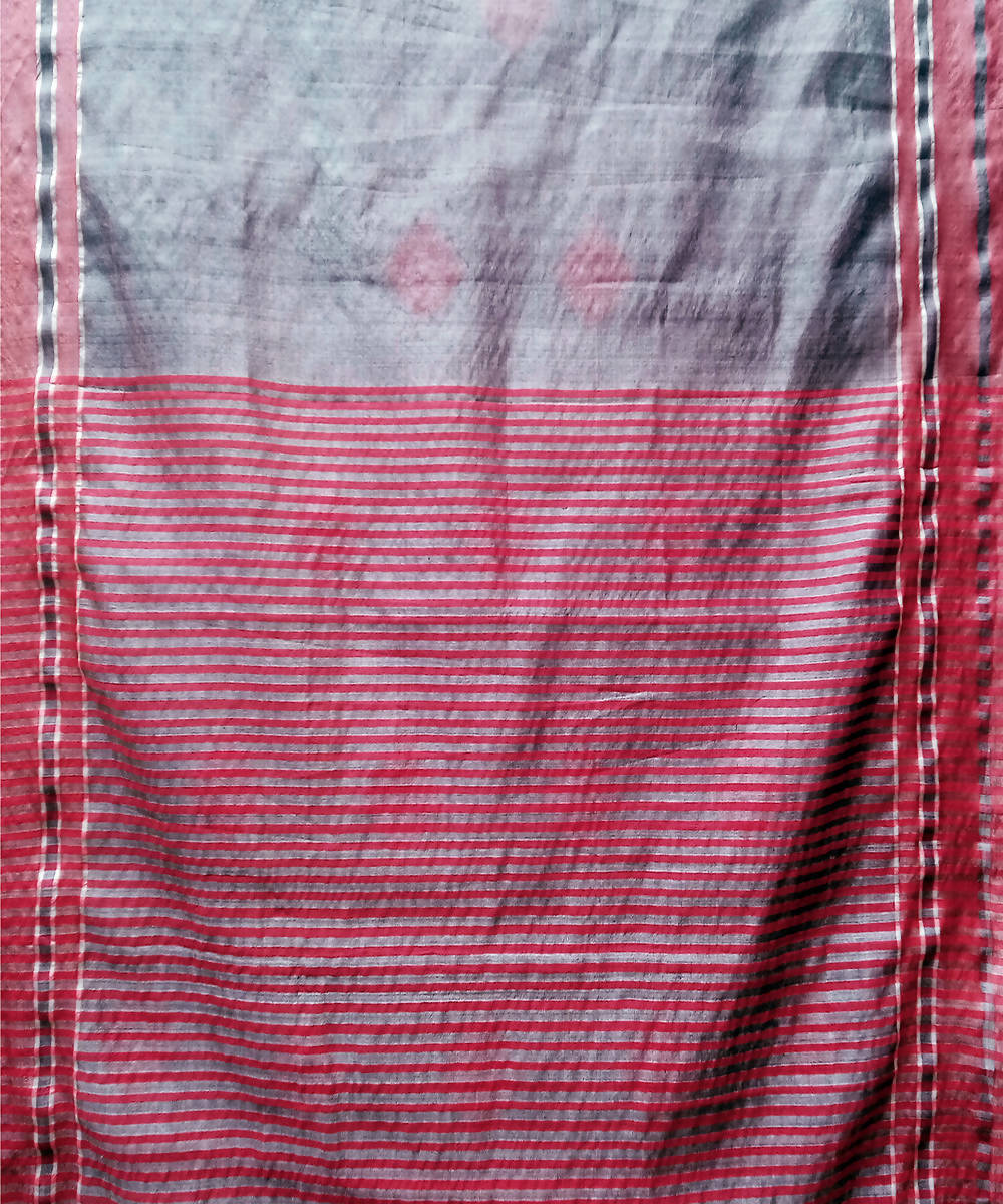 Grey red handwoven baavanbuti mulberry silk saree