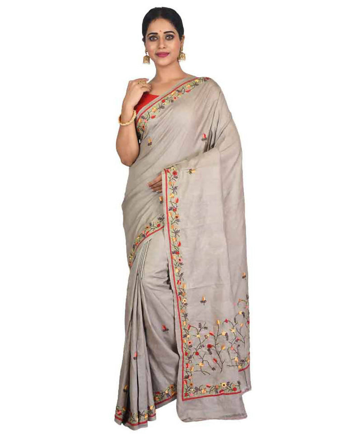 Grey bengal hand embroidery tussar silk saree