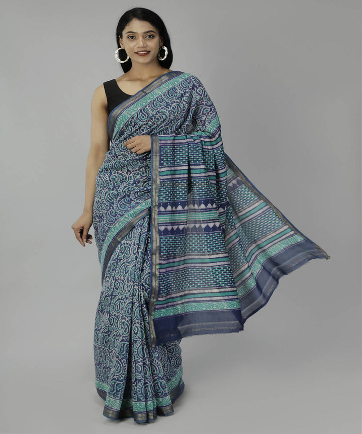 Blue bonnet bagru handblock printed cotton silk saree