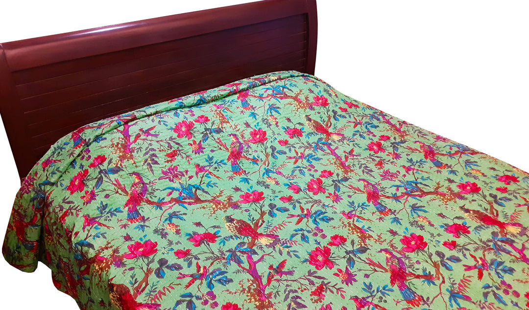 Green kantha work double layered cotton bedcover (Single Bed)