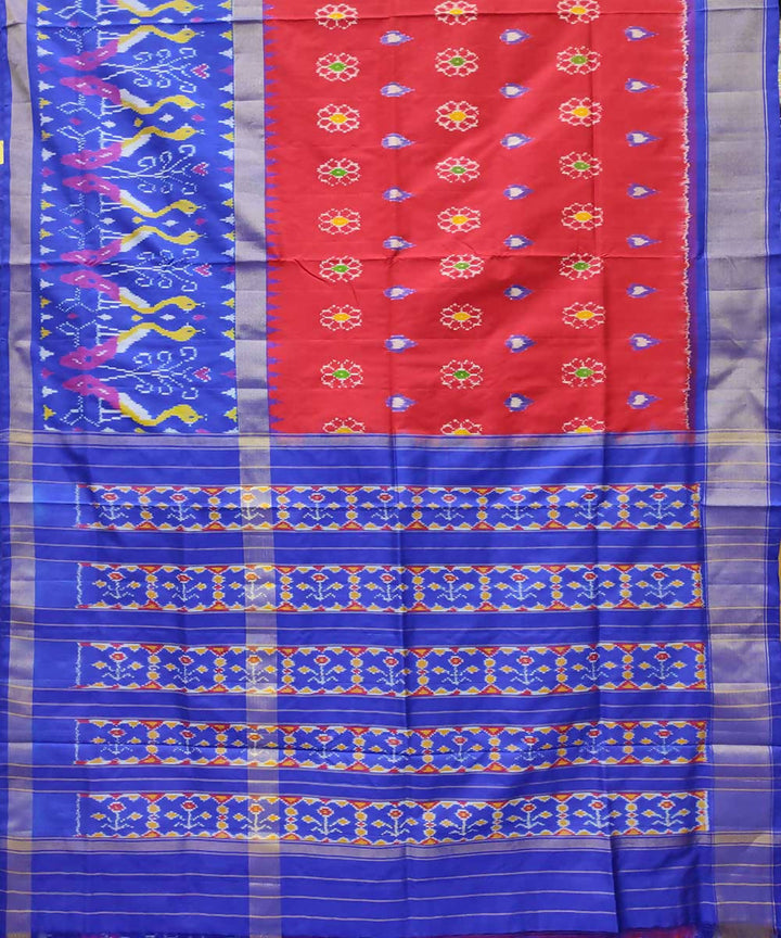 Red with blue handwoven ikkat silk pochampally saree