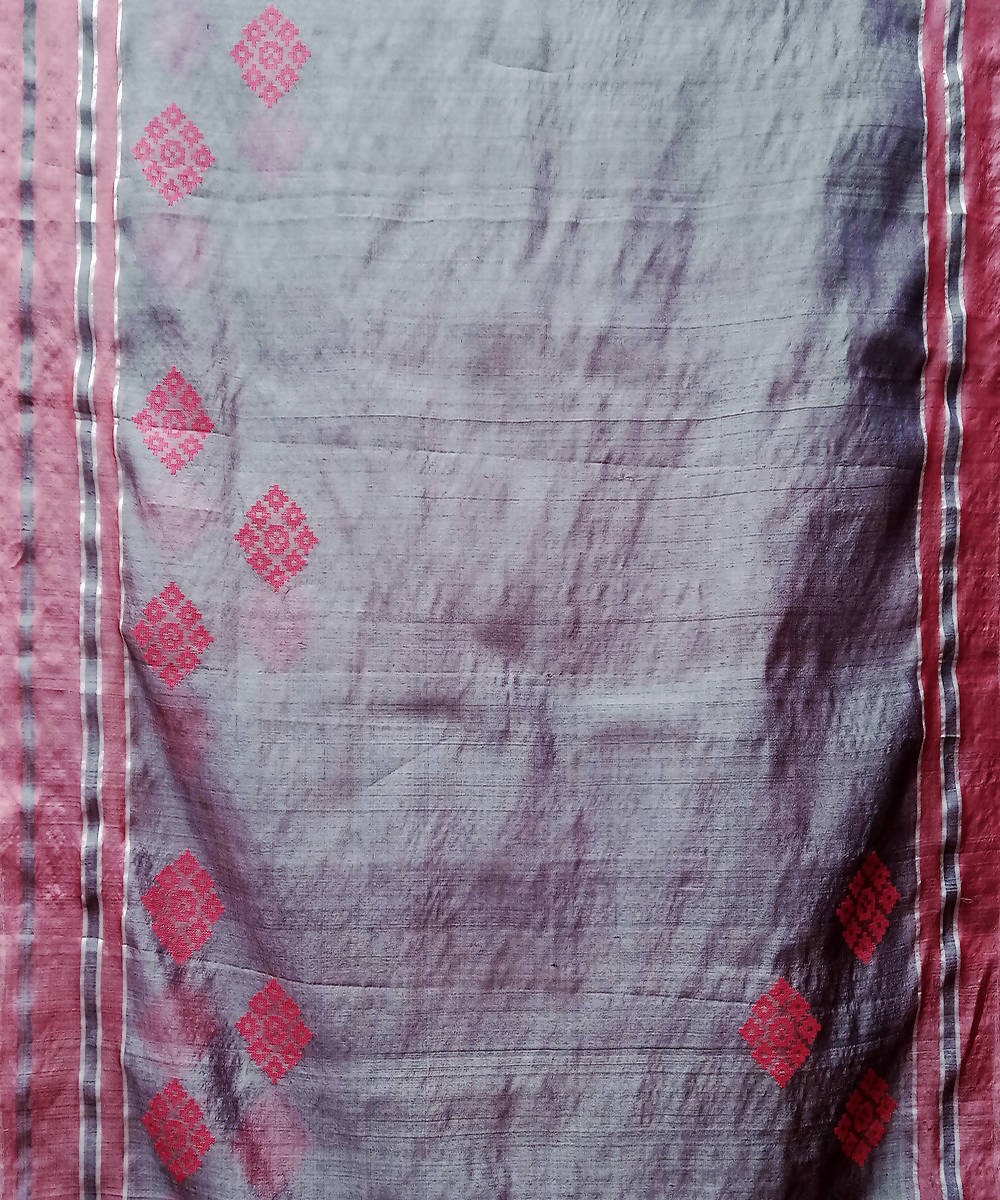 Grey red handwoven baavanbuti mulberry silk saree