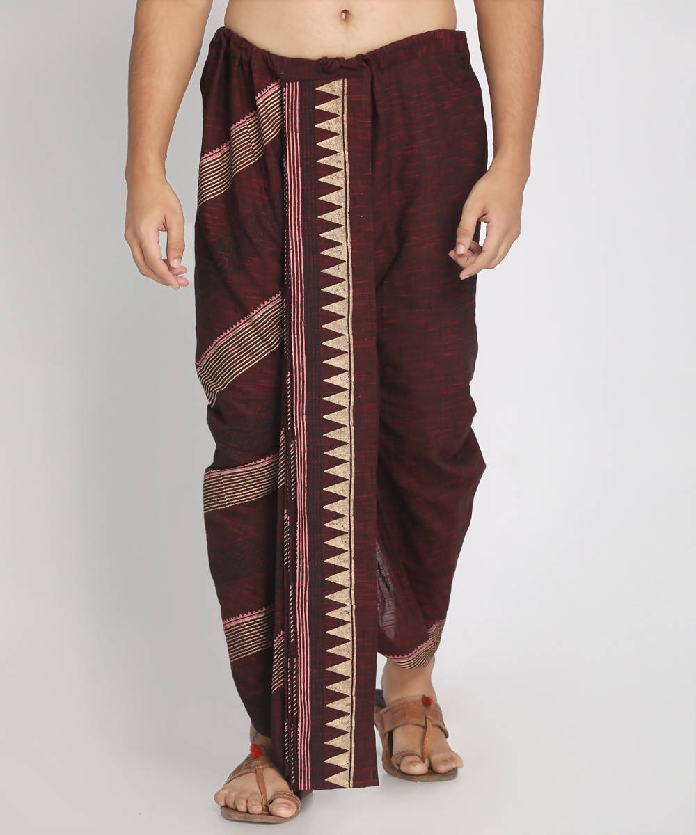 Maroon cotton handblock printed ready to wear stitched dhoti
