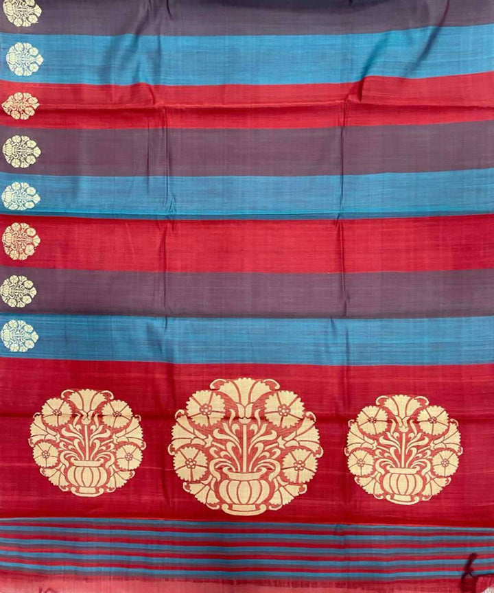 Red grey blue handwoven striped tussar silk saree