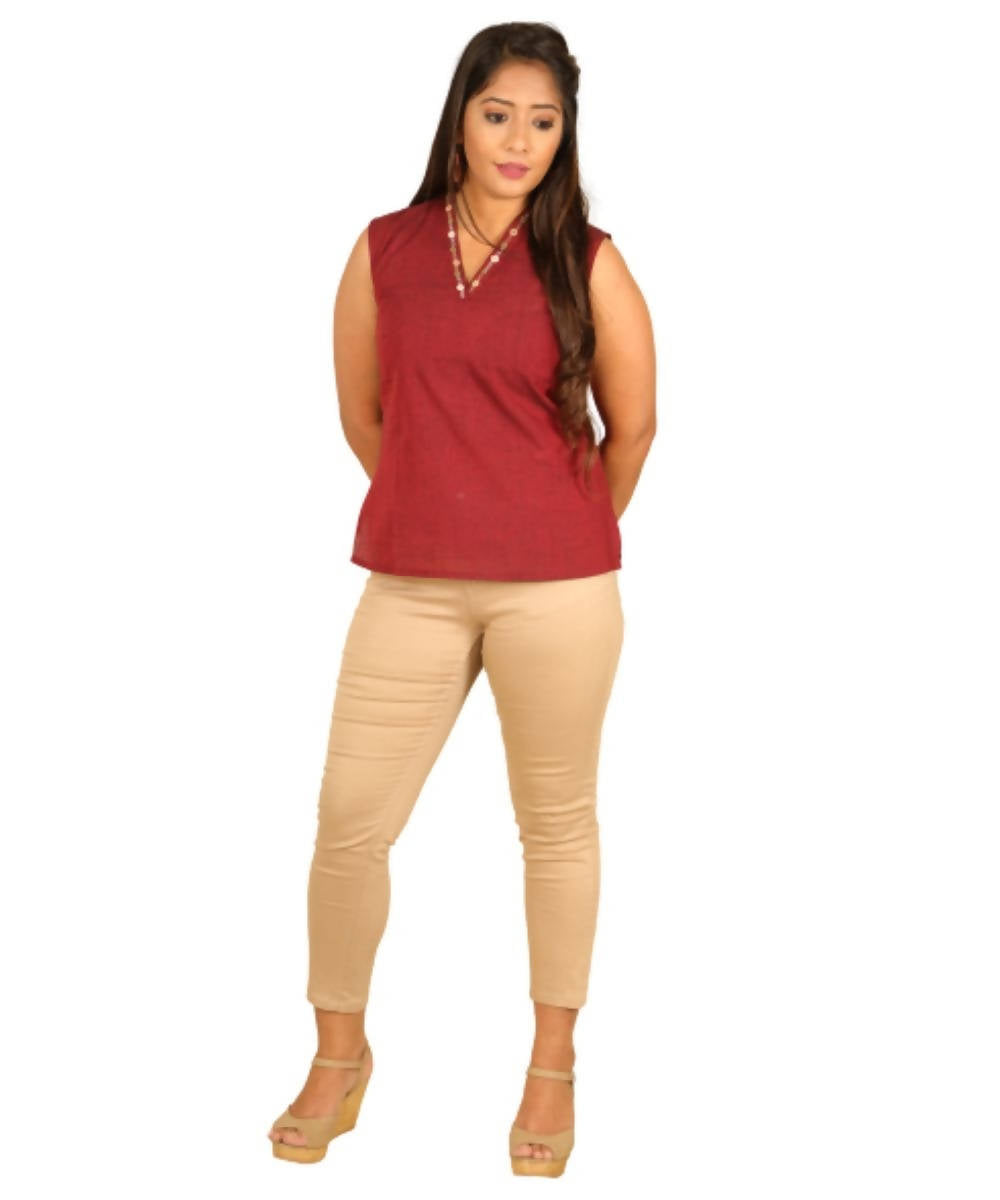 Maroon cotton mangalagiri short top with embroidery