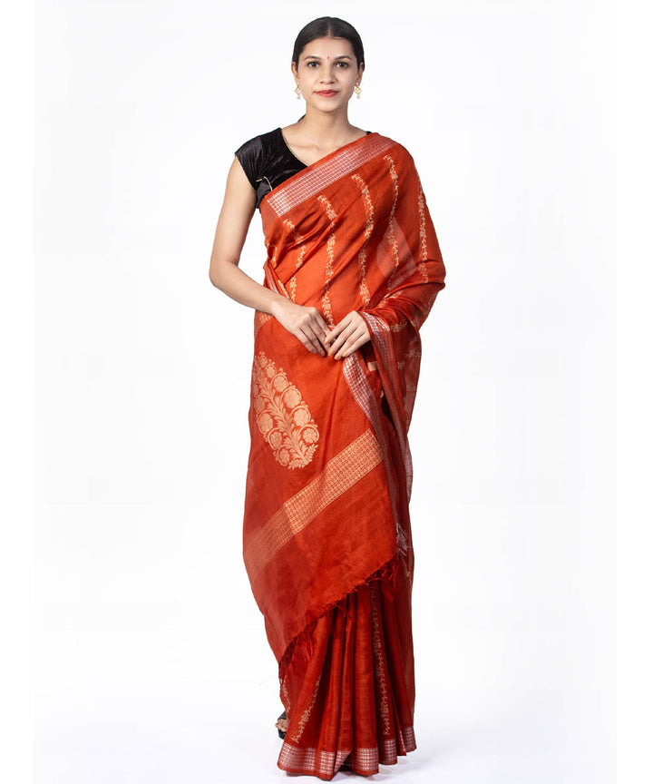 Rust orange handwoven kosa tussar silk saree
