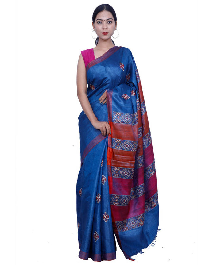 Prussian blue handwoven kosa tussar silk saree
